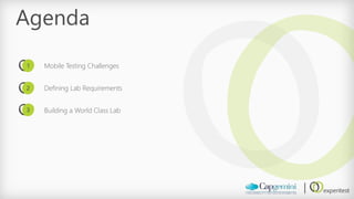 Agenda 
Mobile Testing Challenges 
Defining Lab Requirements 
Building a World Class Lab 
1 
2 
3  