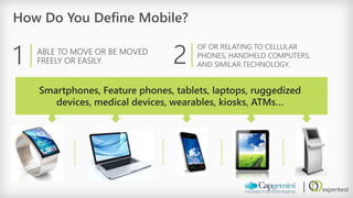 How Do You Define Mobile? 
1 
ABLE TO MOVE OR BE MOVED FREELY OR EASILY. 
2 
OF OR RELATING TO CELLULAR PHONES, HANDHELD COMPUTERS, AND SIMILAR TECHNOLOGY. 
Smartphones, Feature phones, tablets, laptops, ruggedized devices, medical devices, wearables, kiosks, ATMs…  