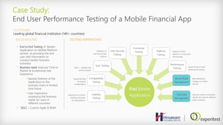 Case Study:
End User Performance Testing of a Mobile Financial App
CUSTOMER
Leading global financial institution (140+ countries)
 End to End Testing of Banker
Application on Mobile Platform
(aimed at providing the end
user with information to
conduct banker business
activities)
• Business need: Improve Time to
Market & Exceptional User
Experience
Speedy Delivery of the
Application to the
business Users in limited
time frame
User Experience
surpassing the business
needs for users in
different countries
 SDLC – Custom Agile SCRUM
BACKGROUND TESTING IMPERATIVES
iPad Banker
ApplicationUsability
Testing
Compatibility
Testing
Sync Testing
User Security
Testing
Platform
Testing
Functional
Testing
Performance
Testing
Device Build
Management
Test Data
Management
Adherence to human
interface principles
for iPad platform
Supported iPad
& network
configurations
Web <_>Mobile cliet
synchronization
Validation of
user level access
controls
Support of iPad
features in conjunction
with the App
Server & Device level
performance testing
Built distribution
strategy on mobile
devices
Setup & creation of business
specific test data for different
levels of testing
 