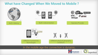 What have Changed When We Moved to Mobile ?
Built in disconnection
Different Connectivity
Technologies
Different physical geography
conditions
Built in latency Operator/Provider
In the mobile age the connection is dynamic.
Wi Fi
GSMLTE
 