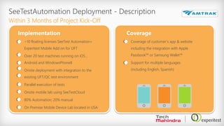SeeTestAutomation Deployment - Description
Within 3 Months of Project Kick-Off
~10 floating licenses SeeTest Automation+
Experitest Mobile Add on for UFT
Over 20 test machines running on iOS ,
Android and WindowsPhone8
Onsite deployment with integration to the
existing UFT/QC test environment
Parallel execution of tests
Onsite mobile lab using SeeTestCloud
80% Automation; 20% manual
On Premise Mobile Device Lab located in USA
Implementation Coverage
Coverage of customer’s app & website
including the integration with Apple
Passbook™ or Samsung Wallet™
Support for multiple languages
(including English, Spanish)
 
