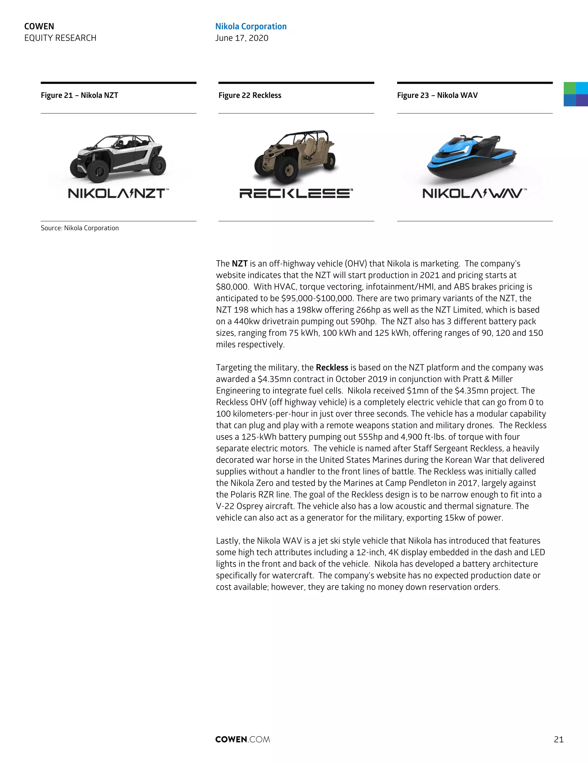 Figure 21 – Nikola NZT Figure 22 Reckless Figure 23 – Nikola WAV
Source: Nikola Corporation
The NZT is an off-highway vehicle (OHV) that Nikola is marketing. The company’s
website indicates that the NZT will start production in 2021 and pricing starts at
$80,000. With HVAC, torque vectoring, infotainment/HMI, and ABS brakes pricing is
anticipated to be $95,000-$100,000. There are two primary variants of the NZT, the
NZT 198 which has a 198kw offering 266hp as well as the NZT Limited, which is based
on a 440kw drivetrain pumping out 590hp. The NZT also has 3 different battery pack
sizes, ranging from 75 kWh, 100 kWh and 125 kWh, offering ranges of 90, 120 and 150
miles respectively.
Targeting the military, the Reckless is based on the NZT platform and the company was
awarded a $4.35mn contract in October 2019 in conjunction with Pratt & Miller
Engineering to integrate fuel cells. Nikola received $1mn of the $4.35mn project. The
Reckless OHV (off highway vehicle) is a completely electric vehicle that can go from 0 to
100 kilometers-per-hour in just over three seconds. The vehicle has a modular capability
that can plug and play with a remote weapons station and military drones. The Reckless
uses a 125-kWh battery pumping out 555hp and 4,900 ft-lbs. of torque with four
separate electric motors. The vehicle is named after Staff Sergeant Reckless, a heavily
decorated war horse in the United States Marines during the Korean War that delivered
supplies without a handler to the front lines of battle. The Reckless was initially called
the Nikola Zero and tested by the Marines at Camp Pendleton in 2017, largely against
the Polaris RZR line. The goal of the Reckless design is to be narrow enough to fit into a
V-22 Osprey aircraft. The vehicle also has a low acoustic and thermal signature. The
vehicle can also act as a generator for the military, exporting 15kw of power.
Lastly, the Nikola WAV is a jet ski style vehicle that Nikola has introduced that features
some high tech attributes including a 12-inch, 4K display embedded in the dash and LED
lights in the front and back of the vehicle. Nikola has developed a battery architecture
specifically for watercraft. The company’s website has no expected production date or
cost available; however, they are taking no money down reservation orders.
COWEN.COM 21
COWEN
EQUITY RESEARCH
Nikola Corporation
June 17, 2020
 