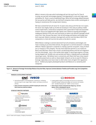 While it remains to be seen which technology will win the tug of war for Class 8
trucking, we see both technologies playing a role depending on route and range needs
and believe Mr. Musk is overly simplifying things. While the technology debate between
the two parties will likely persist, we note both companies share similar societal goals in
hoping to revolutionize the transportation industry.
We have covered the fuel cell sector for 15 years now and up until the last 3 to 4 years,
the sector was largely made up of what we would put in the camp as publicly traded
science experiments, comprised of companies with a great deal of hope and associated
investor returns but plagued with high capital costs relative to existing technologies,
inadequate lifetime of the units and uncertainty on where cost efficient hydrogen would
come from. Over the past few years, fuel cell technology and battery technology have
both improved. Nikola is looking to leverage both and we note that about 90% of the
components in a fuel cell truck are the same as the electric variant.
While Nikola is looking to commercialize both fuel cell and battery technologies and
Tesla is looking at just electrified vehicles, the approach to commercialization is radically
different. Nikola’s approach is centered on creating a partner ecosystem, many of which
are co-investors in the company. The two most important partners in our minds are
Bosch and CNH/Iveco. Bosch was critical in accelerating battery and fuel cell integration
into the initial design. Iveco is the market share leader in natural gas engines in Europe,
having shipped over 30,000 units and worked with fleets in helping build out dedicated
natural gas routes. We believe Iveco’s connectivity with fleets that have a bias toward
alternative powertrains as well as robust dealer network can be an asset for Nikola to
leverage, especially as we move closer to 2025 when more stringent CO2 regulations
kick in. Intellectual property developed by Bosch and Nikola are co-owned by both
companies.
Figure 13 - Network of Strategic Partnerships Reduces Execution Risks, Improves Commercialization Timeline and Provides Long-Term Competitive
Advantage
Source: Cowen and Company, Company Presentation
• One of the world´s largest and most
recognized photovoltaic manufacturers
and energy providers
• Series C investor and exclusive solar
panel provider
• #1 global engineering service provider to
the Commercial Vehicle industry for cab
development
• Cab and Chassis engineer
• Largest producer of electrolyzers and
other hydrogen equipment
• Series C investor and hydrogen
production equipment supplier
(electrolyzers and other components for
hydrogen stations)
• Largest truck leasing company in the U.S.
with over 800 service centers and 6,000
highly trained technicians
• Primary but non-exclusive service
partner
• Leading global supplier of braking control
components and air management systems
to medium- and heavy-duty trucks
• Series B investor in Nikola and brake
traction and stability control system
developer
• World's largest independent company for
the development, simulation and testing of
powertrains
• Designer and developer of first-in-class
vehicle and hydrogen fuel cell test facility
• International leader in the development, manufacture, marketing,
and servicing of a vast range of light, medium, and heavy commercial
vehicles
• Series D investor and partner in 50/50 European joint venture and
North American production alliance
• Leading global supplier of technology and services to automotive,
industrial, energy, building technology, and consumer end markets
with ~410,000 employees and ~$90B in annual revenue
• Series B and C investor and powertrain design (e.g., fuel cell,
battery, VCU) co-development partner
• Any related IP will be jointly owned by Nikola
OTHER KEY INDUSTRY PARTNERS
MARQUEE CO-DEVELOPMENT PARTNERS
COWEN.COM 13
COWEN
EQUITY RESEARCH
Nikola Corporation
June 17, 2020
 