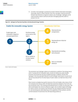 7) Currently, most hydrogen is produced via steam methane reformation leveraging
natural gas, which is carbon intensive. Over time, we expect chemical ammonia,
fertilizer and refineries to migrate to cleaner uses of hydrogen. Hydrogen can be
used to produce cleaner chemicals and steel, leveraging captured carbon to
produce iron ore.
Figure 48 – Hydrogen Can Play Seven Key Roles in the Decarbonized Energy Transition
Source: Cowen and Company
The excitement over hydrogen relates to its potential as a pollution-free energy source,
which, if produced from renewable means, would not release any carbon dioxide
emissions and would slow the pace of global warming. In addition, the fact that
hydrogen is the most abundant element on earth (though rarely found in its pure form)
and can be produced from the electrolysis of water makes it an ideal fuel choice of the
future.
Most investors probably have painful memories of the tech bubble, when shares of fuel
cell companies were bid up under the belief that automotive adoption of fuel cells was
just around the corner. The investing world believed that in a matter of a few years, fuel
cells would displace the internal combustion engine, the incumbent engine technology
for nearly a century. As investors soon learned, fuel cell companies became notorious
for over promising and under delivering on the capabilities of their products, and the
commercialization of automotive fuel cells kept being pushed out.
Enable large-scale
renewables integration
and power generation
Distribute energy
across sectors and
regions
Act as a buffer to
increase system
resilience
Help decarbonize
transportation
Help decarbonize industrial
energy use
Help decarbonize building
heat and power
Serve as renewable
feedstock
Enable the renewable-energy System Decarbonize End Uses
COWEN.COM48
COWEN
EQUITY RESEARCH
Nikola Corporation
June 17, 2020
 