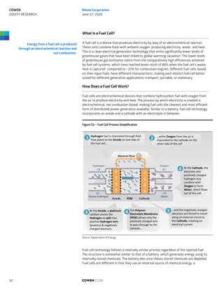 What Is a Fuel Cell?
A fuel cell is a device that produces electricity by way of an electrochemical reaction.
These units combine fuels with ambient oxygen, producing electricity, water, and heat.
This is a clean electrical generation technology that emits significantly lower levels of
greenhouse gases that have been linked to global warming causation. The lower levels
of greenhouse gas emittance stems from the comparatively high efficiencies achieved
by fuel cell systems, which have reached levels north of 80% when the fuel cell’s waste
heat is captured- compared to ~33% for combustion engines. Different fuel cells, based
on their input fuels, have different characteristics, making each distinct fuel cell better
suited for different generation applications; transport, portable, or stationary.
How Does a Fuel Cell Work?
Fuel cells are electrochemical devices that combine hydrocarbon fuel with oxygen from
the air to produce electricity and heat. The process by which electricity is created is
electrochemical, not combustion based, making fuel cells the cleanest and most efficient
form of distributed power generation available. Similar to a battery, fuel cell technology
incorporates an anode and a cathode with an electrolyte in between.
Figure 51 – Fuel Cell Process Simplification
Source: Department of Energy
Fuel cell technology follows a relatively similar process regardless of the injected fuel.
The structure is somewhat similar to that of a battery, which generates energy using its
internally stored chemicals. The battery dies once theses stored chemicals are depleted.
Fuel cells are different in that they use an external source of chemical energy, a
At the Anode, a platinum
catalyst causes the
Hydrogen to split into
positive Hydrogen ions
(protons) & negatively
charged electrons
At the Cathode, the
electrons and
positively charged
hydrogen ions
combine with
Oxygen to form
Water, which flows
out of the cell
3
…while Oxygen from the air is
channeled to the cathode on the
other side of the cell
6
Hydrogen fuel is channeled through field
flow plates to the Anode on one side of
the fuel cell…
…and the negatively charged
electrons are forced to travel
along an external circuit to
the Cathode, creating an
electrical current
The Polymer
Electrolyte Membrane
(PEM) allows only the
positively charged ions
to pass through to the
cathode...
4 5
21
Energy from a fuel cell is produced
through an electrochemical reaction and
not combustion.
COWEN.COM52
COWEN
EQUITY RESEARCH
Nikola Corporation
June 17, 2020
 