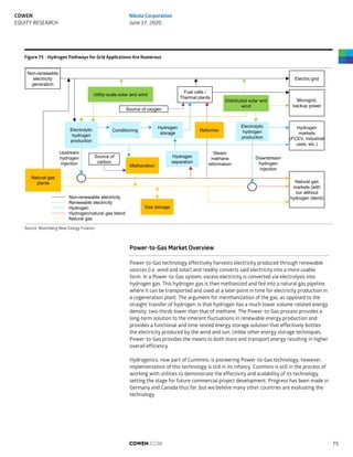 Figure 75 - Hydrogen Pathways for Grid Applications Are Numerous
Source: Bloomberg New Energy Finance
Power-to-Gas Market Overview
Power-to-Gas technology effectively harvests electricity produced through renewable
sources (i.e. wind and solar) and readily converts said electricity into a more usable
form. In a Power-to-Gas system, excess electricity is converted via electrolysis into
hydrogen gas. This hydrogen gas is then methanized and fed into a natural gas pipeline,
where it can be transported and used at a later point in time for electricity production in
a cogeneration plant. The argument for menthanization of the gas, as opposed to the
straight transfer of hydrogen, is that hydrogen has a much lower volume-related energy
density, two-thirds lower than that of methane. The Power-to-Gas process provides a
long-term solution to the inherent fluctuations in renewable energy production and
provides a functional and time-tested energy storage solution that effectively bottles
the electricity produced by the wind and sun. Unlike other energy storage techniques,
Power-to-Gas provides the means to both store and transport energy resulting in higher
overall efficiency.
Hydrogenics, now part of Cummins, is pioneering Power-to-Gas technology, however,
implementation of this technology is still in its infancy. Cummins is still in the process of
working with utilities to demonstrate the effectivity and scalability of its technology,
setting the stage for future commercial project development. Progress has been made in
Germany and Canada thus far, but we believe many other countries are evaluating the
technology.
Non-renewable
electricity
generation
Utility-scale solar and wind
Fuel cells /
Thermal plants
Distributed solar and
wind
Electrolytic
hydrogen
production
Electrolytic
hydrogen
production
Hydrogen
separation
Methanation
Natural gas
plants
Gas storage
Electric grid
Microgrid,
backup power
Hydrogen
markets
(FCEV, industrial
uses, etc.)
Natural gas
markets (with
our without
hydrogen blend)
Source of oxygen
Source of
carbon
Upstream
hydrogen
injection
Downstream
hydrogen
injection
Conditioning
Hydrogen
storage
Non-renewable electricity
Renewable electricity
Hydrogen
Hydrogen/natural gas blend
Natural gas
Steam
methane
reformation
Reformer
COWEN.COM 75
COWEN
EQUITY RESEARCH
Nikola Corporation
June 17, 2020
 