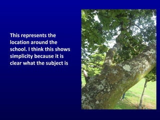 This represents the location around the school. I think this shows simplicity because it is clear what the subject is  