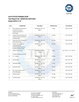 ULR-TC578718200001303P
Test Report No. GGN/F(C)/18/013353
Dated 2018-11-13
S.NO. TEST METHODTEST RESULTPARAMETERS SPECIFICATION
Ethion (Residues to be determined
as ethion and its oxygen
analogueand expressed as
ethion),mg/kg
LAB_P_SOP_266Not Detected ( LOQ - 0.01
mg/kg ) *
0.5 Max15
Carbofuran (Sum of carbofuran and
3-hydroxy carbofuran expressed as
carbofuran),mg/kg
LAB_P_SOP_266Not Detected ( LOQ - 0.01
mg/kg ) *
0.01 Max16
Cypermethrin (Sum of isomers) ( fat
soluble residue),mg/kg
LAB_P_SOP_266Not Detected ( LOQ - 0.01
mg/kg ) *
0.01 Max17
Phorate ( sum of phorate, its
oxygenanalogue and
theirsulphoxides and sulphones,
expressed as phorate ),mg/kg
Lab_P_SOP_266Not Detected ( LOQ - 0.01
mg/kg ) *
0.05 Max18
Melamine Content,mg/kg Lab_P_SOP_112 / LC - MS / MSNot Detected ( LOQ - 0.1
mg/kg )
2.5 Max.19
Pesticides Residues as per FSSR :
2, 4 – D,mg/kg LAB_P_SOP_266Not Detected ( LOQ - 0.01
mg/kg ) *
0.05 Max20
Benomyl,mg/kg LAB_P_SOP_266Not Detected ( LOQ - 0.01
mg/kg ) *
0.1 Max21
Carbendazim,mg/kg LAB_P_SOP_266Not Detected ( LOQ - 0.01
mg/kg ) *
0.1 Max22
Chlorpyrifos,mg/kg LAB_P_SOP_266Not Detected ( LOQ - 0.01
mg/kg ) *
0.01 Max23
DDT (o,p & p,p-isomers of DDT,
DDE & DDD),mg/kg
LAB_P_SOP_266Not Detected ( LOQ - 0.01
mg/kg ) *
0.05 Max24
Edifenphos,mg/kg LAB_P_SOP_266Not Detected ( LOQ - 0.01
mg/kg ) *
0.01 Max25
Fenitrothion,mg/kg LAB_P_SOP_266Not Detected ( LOQ - 0.01
mg/kg ) *
0.01 Max26
Regd. Office:
TUV SUD South Asia Pvt. Ltd.
Off Saki Vihar Road, Saki
naka, Andheri (East),
Mumbai-400072. India
Phone :0091 124 6199699
Fax :0091 124 6199599
E-Mail :Monika.gupta@tuv-sud.in
Url : www.tuv-sud.in
ControlNo:15390250.021118.001
Laboratory:
TUV SUD South Asia Pvt. Ltd.
Plot No.373, Udyog Vihar Phase-II,
Gurgaon-122016,Haryana.
Page 3 of 6
 
