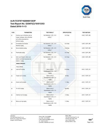 ULR-TC578718200001303P
Test Report No. GGN/F(C)/18/013353
Dated 2018-11-13
S.NO. TEST METHODTEST RESULTPARAMETERS SPECIFICATION
Fenthion (sum of fenthion and its
oxygen analogue, their sulfoxides
and sulfone expressed as
fenthion),mg/kg
LAB_P_SOP_266Not Detected ( LOQ - 0.01
mg/kg ) *
0.01 Max27
Fenvalerate (Fat Soluble
Residue),mg/kg
LAB_P_SOP_266Not Detected ( LOQ - 0.01
mg/kg ) *
0.01 Max28
Monocrotophos,mg/kg LAB_P_SOP_266Not Detected ( LOQ - 0.01
mg/kg ) *
0.02 Max29
Phenthoate,mg/kg LAB_P_SOP_266Not Detected ( LOQ - 0.01
mg/kg ) *
0.01 Max30
Aldrin and Dieldrin ( Aldrin and
dieldrin combined expressed as
dieldrin ), mg/kg
LAB_P_SOP_266Not Detected ( LOQ - 0.01
mg/kg ) *
0.01 Max31
Metals & Minerals :
Heavy Metals
Lead as Pb,mg/kg LAB _P_SOP_221Below Limit of
Quantification (LOQ - 0.02
mg/kg)
0.02 Max.32
Copper as Cu,mg/kg LAB _P_SOP_221Below Limit of
Quantification (LOQ - 1.0
mg/kg)
30 Max.33
Arsenic as As,mg/kg LAB _P_SOP_221Below Limit of
Quantification (LOQ - 0.1
mg/kg)
1.1 Max.34
Tin as Sn,mg/kg LAB _P_SOP_221Below Limit of
Quantification (LOQ - 5.0
mg/kg)
250 Max.35
Cadmium as Cd,mg/kg LAB _P_SOP_221Below Limit of
Quantification (LOQ - 0.1
mg/kg)
1.5 Max.36
Mercury as Hg,mg/kg LAB _P_SOP_221Below Limit of
Quantification (LOQ - 0.05
mg/kg)
1.0 Max.37
Regd. Office:
TUV SUD South Asia Pvt. Ltd.
Off Saki Vihar Road, Saki
naka, Andheri (East),
Mumbai-400072. India
Phone :0091 124 6199699
Fax :0091 124 6199599
E-Mail :Monika.gupta@tuv-sud.in
Url : www.tuv-sud.in
ControlNo:15390250.021118.001
Laboratory:
TUV SUD South Asia Pvt. Ltd.
Plot No.373, Udyog Vihar Phase-II,
Gurgaon-122016,Haryana.
Page 4 of 6
 