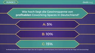 A: 5%
B: 10%
C: 15%
Wie hoch liegt die Gewinnspanne von
proﬁtablen Coworking Spaces in Deutschland?
C: 15%
Proﬁtabel bedeu...