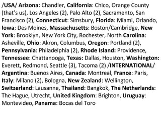 / USA /  Arizona:  Chandler,  California : Chico, Orange County (that’s us), Los Angeles (2), Palo Alto (2), Sacramento, San Francisco (2),  Connecticut : Simsbury,  Florida : Miami, Orlando,  Iowa : Des Moines,  Massachusetts : Boston/Cambridge,  New York : Brooklyn, New York City, Rochester, North  Carolina : Asheville,  Ohio : Akron, Columbus,  Oregon : Portland (2),  Pennsylvania : Philadelphia (2),  Rhode Island:  Providence,  Tennessee : Chattanooga,  Texas:  Dallas, Houston,  Washington:  Everett, Redmond, Seattle (3), Tacoma (2) / INTERNATIONAL /  Argentina : Buenos Aires,  Canada : Montreal,  France : Paris,  Italy : Milano (2), Bologna,  New Zealand : Wellington,  Switzerland : Lausanne,  Thailand : Bangkok,  The Netherlands : The Hague, Utrecht,  United Kingdom : Brighton,  Uruguay : Montevideo,  Panama : Bocas del Toro 