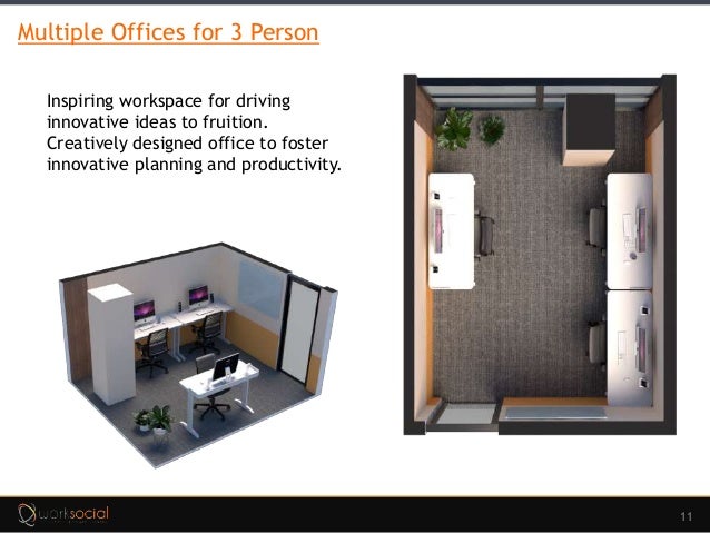 11
Multiple Offices for 3 Person
Inspiring workspace for driving
innovative ideas to fruition.
Creatively designed office to foster
innovative planning and productivity.
 