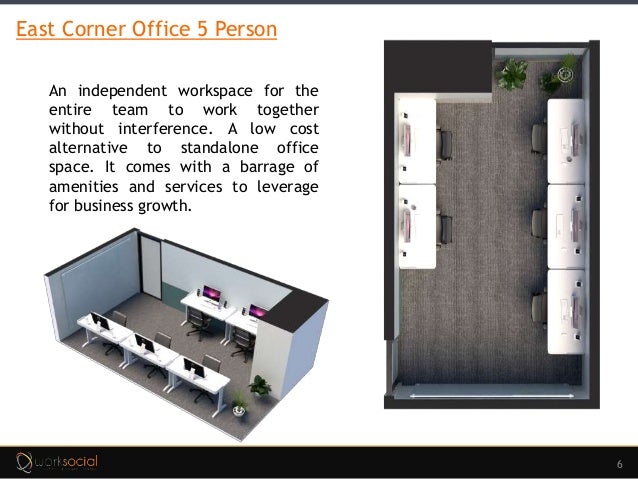 6
East Corner Office 5 Person
An independent workspace for the
entire team to work together
without interference. A low cost
alternative to standalone office
space. It comes with a barrage of
amenities and services to leverage
for business growth.
 