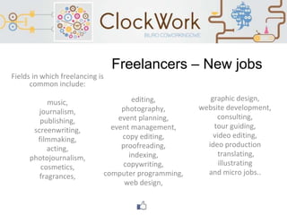 Freelancers – New jobs
Fields in which freelancing is
common include:
music,
journalism,
publishing,
screenwriting,
filmmaking,
acting,
photojournalism,
cosmetics,
fragrances,
editing,
photography,
event planning,
event management,
copy editing,
proofreading,
indexing,
copywriting,
computer programming,
web design,
graphic design,
website development,
consulting,
tour guiding,
video editing,
ideo production
translating,
illustrating
and micro jobs..
 