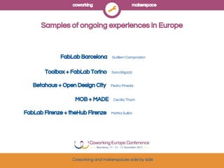 coworking

makerspace

Samples of ongoing experiences in Europe

FabLab Barcelona

Guillem Camprodon

Toolbox + FabLab Torino

Sara Bigazzi

Betahaus + Open Design City

Pedro Pineda

MOB + MADE
FabLab Firenze + theHub Firenze

Cecilia Tham

Mattia Sullini

Coworking and makerspaces side by side

 