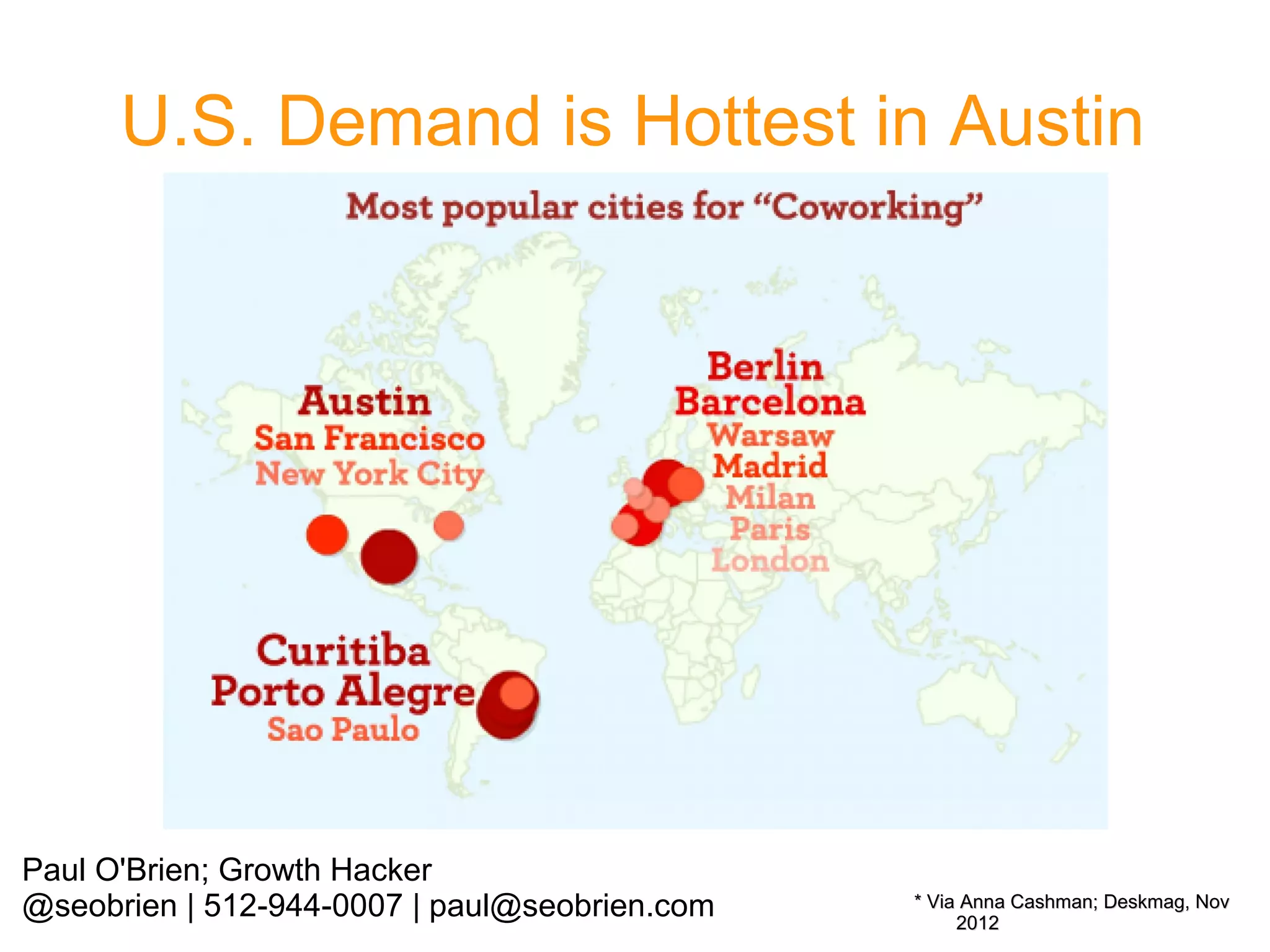 U.S. Demand is Hottest in Austin

Paul O'Brien; Growth Hacker
@seobrien | 512-944-0007 | paul@seobrien.com

* Via Anna Cashman; Deskmag, Nov
2012

 