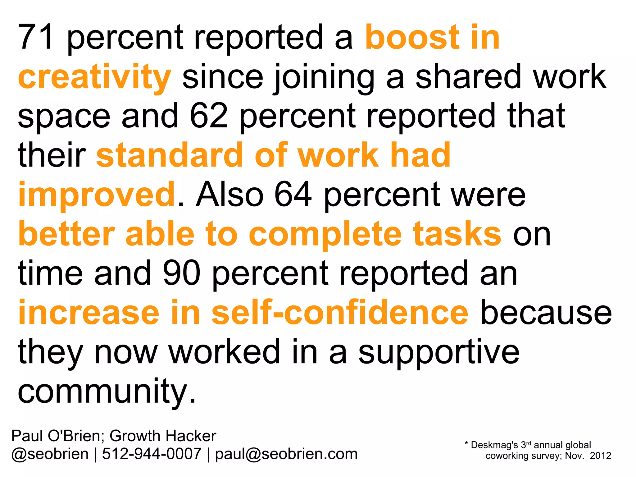 71 percent reported a boost in
creativity since joining a shared work
space and 62 percent reported that
their standard of work had
improved. Also 64 percent were
better able to complete tasks on
time and 90 percent reported an
increase in self-confidence because
they now worked in a supportive
community.
Paul O'Brien; Growth Hacker
@seobrien | 512-944-0007 | paul@seobrien.com

* Deskmag's 3rd annual global
coworking survey; Nov. 2012

 