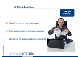 3. Cómo funciona
                                                                   Por qué
                                                                  termina…




                       Creación de una empresa propia


                       Oportunidad laboral fuera del espacio


                       El modelo no aporta valor al profesional
© PeopleMatters 2012
 