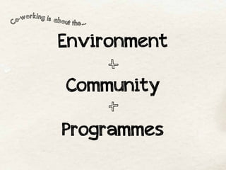 -working is abo
Co                ut the...


                Environment

                   Community

                  Programmes
 