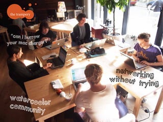 “n o ”
 the trampery




  “can I burrow
y our mac charger?”




                                networ
                                       k in g
                               without tr g
                                         yi n
 waterc
        ooler
 commu
       n it y
 