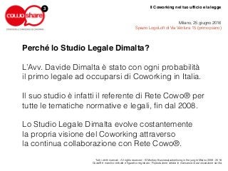 Il Coworking nel tuo ufﬁcio e la legge
Milano, 25 giugno 2016
Spazio LogoLoft di Via Ventura 15 (primo piano)
Tutti i diri...