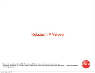 Relazioni = Valore




   Massimo Carraro al VeneziaCamp,VEGA Park, 13 Aprile 2012 - Assemblea nazionale incubatori e coworking
   Presentation issued under the Creative Commons 3.0 Attribution - Share Alike regulations - Please note that Cowo® is a registered trademark
   CoworkingProject.com


sabato 14 aprile 2012
 