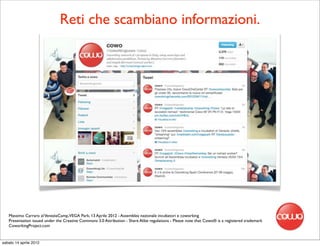 Reti che scambiano informazioni.




   Massimo Carraro al VeneziaCamp,VEGA Park, 13 Aprile 2012 - Assemblea nazionale incubatori e coworking
   Presentation issued under the Creative Commons 3.0 Attribution - Share Alike regulations - Please note that Cowo® is a registered trademark
   CoworkingProject.com


sabato 14 aprile 2012
 