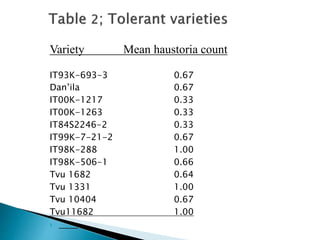 Variety Mean haustoria count
IT93K-693-3 0.67
Dan’ila 0.67
IT00K-1217 0.33
IT00K-1263 0.33
IT84S2246-2 0.33
IT99K-7-21-2 0.67
IT98K-288 1.00
IT98K-506-1 0.66
Tvu 1682 0.64
Tvu 1331 1.00
Tvu 10404 0.67
Tvu11682 1.00

 