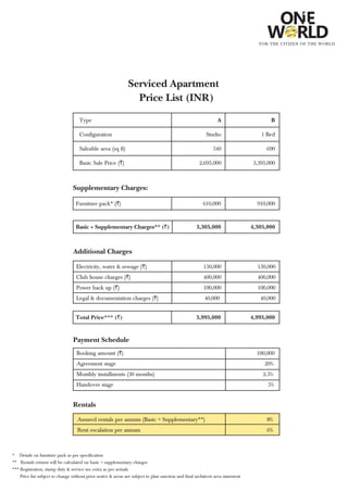Cow serviced apartment price list