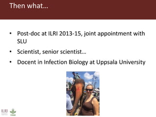 Then what…
• Post-doc at ILRI 2013-15, joint appointment with
SLU
• Scientist, senior scientist…
• Docent in Infection Biology at Uppsala University
 