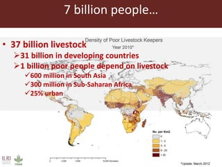 7 billion people…
• 37 billion livestock
31 billion in developing countries
1 billion poor people depend on livestock
600 million in South Asia
300 million in Sub-Saharan Africa
25% urban
 