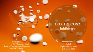 Presented By:-
Ashok
Mpharma. 1st Year
210121210013
COX 1 & COX2
Inhibitors
Guided By:-
Dr. Vikramjeet Singh
Dept. of Pharmaceutical Sciences
GJUS&T. Hissar
 