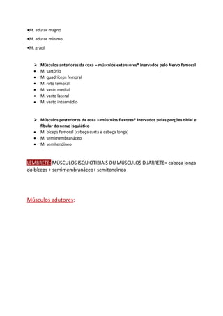 •M. adutor magno
•M. adutor mínimo
•M. grácil
➢ Músculos anteriores da coxa – músculos extensores* inervados pelo Nervo femoral
• M. sartório
• M. quadríceps femoral
• M. reto femoral
• M. vasto medial
• M. vasto lateral
• M. vasto intermédio
➢ Músculos posteriores da coxa – músculos flexores* Inervados pelas porções tibial e
fibular do nervo isquiático
• M. bíceps femoral (cabeça curta e cabeça longa)
• M. semimembranáceo
• M. semitendíneo
LEMBRETE: MÚSCULOS ISQUIOTIBIAIS OU MÚSCULOS D JARRETE= cabeça longa
do bíceps + semimembranáceo+ semitendíneo
Músculos adutores:
 
