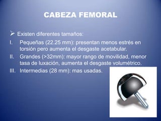 CABEZA FEMORAL
 Existen diferentes tamaños:
I.

Pequeñas (22.25 mm): presentan menos estrés en
torsión pero aumenta el desgaste acetabular.
II. Grandes (>32mm): mayor rango de movilidad, menor
tasa de luxación, aumenta el desgaste volumétrico.
III. Intermedias (28 mm): mas usadas.

 