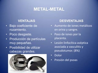 METAL-METAL

•

•
•
•

VENTAJAS
Bajo coeficiente de
rozamiento.
Poco desgaste.
Producción de partículas
muy pequeñas.
Posibilidad de utilizar
cabezas grandes.

•

•
•

•
•

DESVENTAJAS
Aumento de iones metálicos
en orina y sangre.
Paso de iones por la
placenta.
Lesión linfocítica aséptica
asociada a vasculitis y
pseudotumor. (8%)
Dolor
Presión del psoas

 