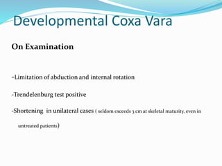 Developmental Coxa Vara
On Examination
-Limitation of abduction and internal rotation
-Trendelenburg test positive
-Shortening in unilateral cases ( seldom exceeds 3 cm at skeletal maturity, even in
untreated patients)
 