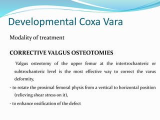 Developmental Coxa Vara
Modality of treatment
CORRECTIVE VALGUS OSTEOTOMIES
Valgus osteotomy of the upper femur at the intertrochanteric or
subtrochanteric level is the most effective way to correct the varus
deformity,
- to rotate the proximal femoral physis from a vertical to horizontal position
(relieving shear stress on it),
- to enhance ossification of the defect
 
