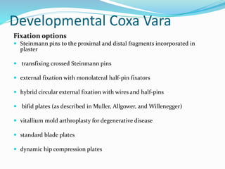 Developmental Coxa Vara
Fixation options
 Steinmann pins to the proximal and distal fragments incorporated in
plaster
 transfixing crossed Steinmann pins
 external fixation with monolateral half-pin fixators
 hybrid circular external fixation with wires and half-pins
 bifid plates (as described in Muller, Allgower, and Willenegger)
 vitallium mold arthroplasty for degenerative disease
 standard blade plates
 dynamic hip compression plates
 