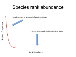 Species rank abundanceSmall number of frequently found organismsNumber of organismsLots of rare ones (rare biosphere or noise)Rank abundance