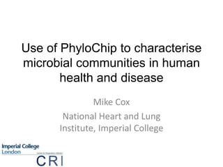 Use of PhyloChip to characterise microbial communities in human health and disease Mike Cox National Heart and Lung Institute, Imperial College 