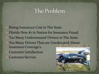 Rising Insurance Cost in The State.Florida Now #1 in Nation for Insurance Fraud.Too Many Underinsured Drivers in The State.Too Many Drivers That are Uneducated About Insurance Coverage's.Customer Satisfaction.Customer Service.The Problem
