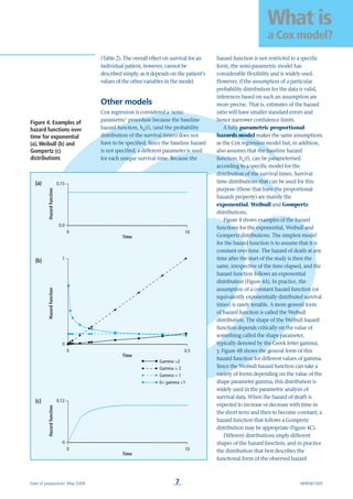 7
(Table 2). The overall effect on survival for an
individual patient, however, cannot be
described simply, as it depends on the patient’s
values of the other variables in the model.
Other models
Cox regression is considered a ‘semi-
parametric’ procedure because the baseline
hazard function, h0
(t), (and the probability
distribution of the survival times) does not
have to be specified. Since the baseline hazard
is not specified, a different parameter is used
for each unique survival time. Because the
hazard function is not restricted to a specific
form, the semi-parametric model has
considerable flexibility and is widely used.
However, if the assumption of a particular
probability distribution for the data is valid,
inferences based on such an assumption are
more precise. That is, estimates of the hazard
ratio will have smaller standard errors and
hence narrower confidence limits.
A fully parametric proportional
hazards model makes the same assumptions
as the Cox regression model but, in addition,
also assumes that the baseline hazard
function, h0
(t), can be parameterised
according to a specific model for the
distribution of the survival times. Survival
time distributions that can be used for this
purpose (those that have the proportional
hazards property) are mainly the
exponential, Weibull and Gompertz
distributions.
Figure 4 shows examples of the hazard
functions for the exponential, Weibull and
Gompertz distributions. The simplest model
for the hazard function is to assume that it is
constant over time. The hazard of death at any
time after the start of the study is then the
same, irrespective of the time elapsed, and the
hazard function follows an exponential
distribution (Figure 4A). In practice, the
assumption of a constant hazard function (or
equivalently exponentially distributed survival
times) is rarely tenable. A more general form
of hazard function is called the Weibull
distribution. The shape of the Weibull hazard
function depends critically on the value of
something called the shape parameter,
typically denoted by the Greek letter gamma,
γ. Figure 4B shows the general form of this
hazard function for different values of gamma.
Since the Weibull hazard function can take a
variety of forms depending on the value of the
shape parameter gamma, this distribution is
widely used in the parametric analysis of
survival data. When the hazard of death is
expected to increase or decrease with time in
the short term and then to become constant, a
hazard function that follows a Gompertz
distribution may be appropriate (Figure 4C).
Different distributions imply different
shapes of the hazard function, and in practice
the distribution that best describes the
functional form of the observed hazard
What is
a Cox model?
Date of preparation: May 2009 NPR09/1005
Time
0.15 –
0.0 –
100
Hazardfunction
Time
0.12 –
0 –
100
Hazardfunction
Gamma >2
Gamma = 2
Gamma = 1
0< gamma <1
1 –
0 –
Hazardfunction
Time
0.50
Figure 4. Examples of
hazard functions over
time for exponential
(a),Weibull (b) and
Gompertz (c)
distributions
(a)
(b)
(c)
 