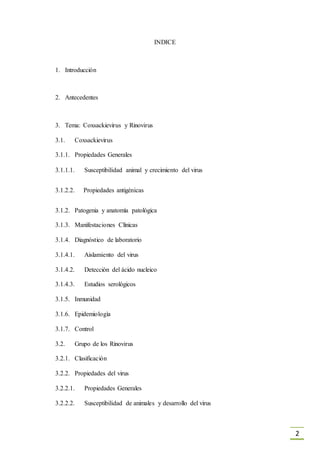2
INDICE
1. Introducción
2. Antecedentes
3. Tema: Coxsackievirus y Rinovirus
3.1. Coxsackievirus
3.1.1. Propiedades Generales
3.1.1.1. Susceptibilidad animal y crecimiento del virus
3.1.2.2. Propiedades antigénicas
3.1.2. Patogenia y anatomía patológica
3.1.3. Manifestaciones Clínicas
3.1.4. Diagnóstico de laboratorio
3.1.4.1. Aislamiento del virus
3.1.4.2. Detección del ácido nucleico
3.1.4.3. Estudios serológicos
3.1.5. Inmunidad
3.1.6. Epidemiologìa
3.1.7. Control
3.2. Grupo de los Rinovirus
3.2.1. Clasificación
3.2.2. Propiedades del virus
3.2.2.1. Propiedades Generales
3.2.2.2. Susceptibilidad de animales y desarrollo del virus
 
