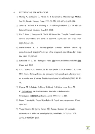 29
6. REFERENCIAS BIBLIOGRÁFICAS
1) Murray P., Kobayashi G., Pfaller M. & Rosenthal K. Microbiología Médica.
2da. Ed. España: Harcourt Brace, 1999: 58, 726, 615, 607, 610, 612, 614.
2) Jawetz E., Melnick J. & Adelberg E.: Microbiología Médica. XV Ed. México:
Editorial Manual Moderno, S.A., D.F. 1992.
3) Liu Z, Yuan J, Yanagawa B, Qiu D, McManus BM, Yang D. Coxsackievirus-
induced myocarditis: new trends in treatment. Expert Rev Anti Infect Ther.
2005; 3(4):641-50.
4) Barrett-Connor E. Is insulindependent diabetes mellitus caused by
coxsackievirus B infection? A review of the epidemiologic evidence. Rev Infect
Dis. 1985; 7(2):207-15.
5) Ratchford N J. La meningitis viral. http://www.medmerits.com/index.php.
Citado abril 2012.
6) S. L. Grenón, M. L. Robledo, M. H. Von Specht, D. M. Cisterna, C. L. Lema,
M.C. Freire. Brote epidémico de meningitis viral causado por echovirus tipo 4
en la provincia de Misiones. Revista Argentina de Microbiología (2008) 40: 41-
46.
7) Cisterna M. D, Palacios G, Rivero K, Girard G, Cristina Lema, Freire M.
C. Epidemiologia De Los Enterovirus Asociados A Enfermedades
Neurológicas. MEDICINA (Buenos Aires) 2007; 67: 113-119.
8) López P. Meningitis. Centro Neurológico de Bogotá.www.exergen.com. Citado
abril 2012.
9) Vagner Ramírez B, Gaviria Barrera ME, Zuluaga Quintero M. Meningitis
recurrente en el adulto: un reto diagnóstico y terapéutico. IATREIA / VOL
23/No. 1/ MARZO/ 2010.
 