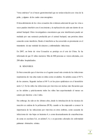 7
"virus entéricos" en el tracto gastrointestinal que no tenían relación con virus de la
polio, y algunos de los cuales eran oncogénico.
El descubrimiento de los virus coxsackie dio evidencia adicional de que los virus a
veces pueden interferir con el crecimiento y la replicación de cada uno dentro de un
animal huésped. Otros investigadores encontraron que esta interferencia puede ser
mediada por una sustancia producida por el animal huésped, una proteína ahora
conocido como interferón. Desde el interferón se ha convertido en prominente en el
tratamiento de una variedad de cánceres y enfermedades infecciosas.
En 2007, un brote de virus Coxsackie se produjo en el este de China. Se ha
informado de que 22 niños murieron. Más de 800 personas se vieron afectadas, con
200 niños hospitalizados.
B. RINOVIRUS
Es bien conocido que el rinovirus es el agente causal más común de las infecciones
respiratorias de vías altas tanto en niños como en adultos. En adultos causa el 50 %
de los catarros, llegando incluso al 80 % en los picos epidémicos en el hemisferio
norte 1,2. En los niños las infecciones por rinovirus son incluso más frecuentes que
en los adultos y prácticamente todos los niños han experimentado al menos un
catarro por rinovirus a los 2 años.
Sin embargo, ha sido en los últimos años, desde la introducción de las técnicas de
reacción en cadena de la polimerasa (PCR), cuando se ha empezado a conocer la
importancia de las infecciones por rinovirus en otros ámbitos, como causante de
infecciones de vías bajas en lactantes 4, o como desencadenante de exacerbaciones
de asma en escolares 5,6, en adultos7, 8, o en pacientes afectados de enfermedad
pulmonar obstructiva crónica.
 