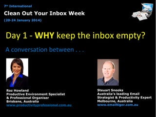 7th International

Clean Out Your Inbox Week
(20-24 January 2014)

Day 1 - WHY keep the inbox empty?
A conversation between . . .

Roz Howland
Productive Environment Specialist
& Professional Organiser
Brisbane, Australia
www.productivityprofessional.com.au

Steuart Snooks
Australia’s leading Email
Strategist & Productivity Expert
Melbourne, Australia
www.emailtiger.com.au

 