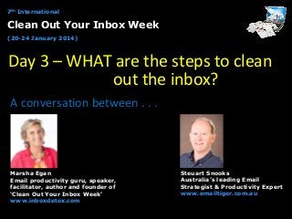 7th International

Clean Out Your Inbox Week
(20-24 January 2014)

Day 3 – WHAT are the steps to clean
out the inbox?
A conversation between . . .

Marsha Egan
Email productivity guru, speaker,
facilitator, author and founder of
‘Clean Out Your Inbox Week’
www.inboxdetox.com

Steuart Snooks
Australia’s leading Email
Strategist & Productivity Expert
www.emailtiger.com.au

 