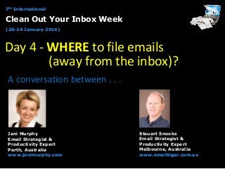 7th International

Clean Out Your Inbox Week
(20-24 January 2014)

Day 4 - WHERE to file emails
(away from the inbox)?
A conversation between . . .

Jani Murphy
Email Strategist &
Productivity Expert
Perth, Australia
www.janimurphy.com

Steuart Snooks
Email Strategist &
Productivity Expert
Melbourne, Australia
www.emailtiger.com.au

 