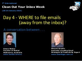 7th International

Clean Out Your Inbox Week
(20-24 January 2014)

Day 4 - WHERE to file emails
(away from the inbox)?
A conversation between . . .

Simon Waller
Founder of Mobial
Melbourne, Australia
www.mobial.com.au

Steuart Snooks
Australia’s leading Email
Strategist & Productivity Expert
www.emailtiger.com.au

 