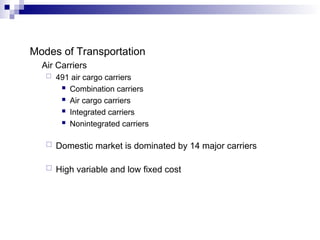 Modes of Transportation
Air Carriers
 491 air cargo carriers
 Combination carriers
 Air cargo carriers
 Integrated carriers
 Nonintegrated carriers
 Domestic market is dominated by 14 major carriers
 High variable and low fixed cost
 